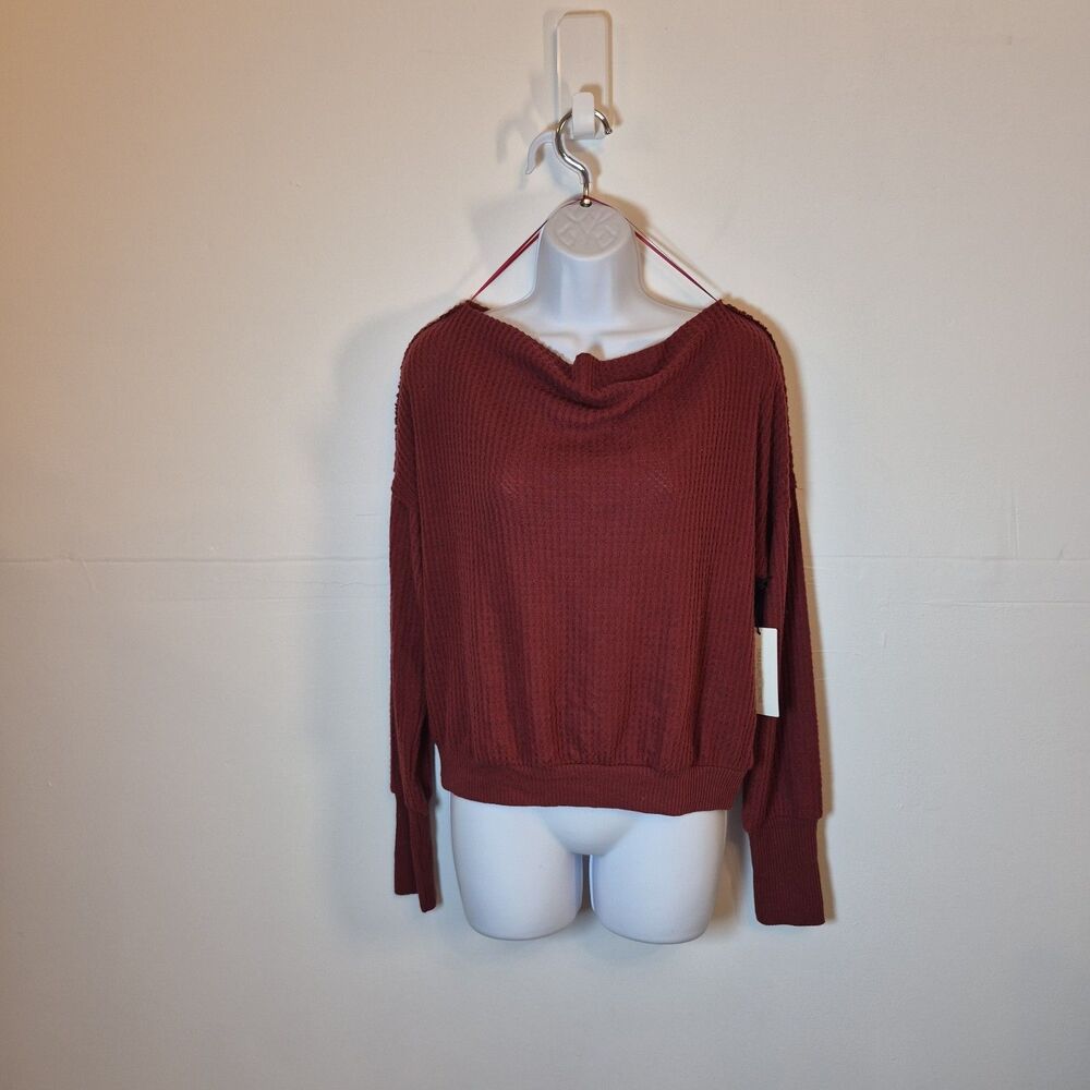 Treasure & Bond Women's Sz S Off-Shoulder Waffle Knit Shirt Burgundy Long Sleeve